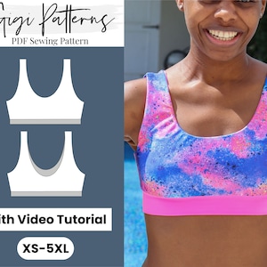 Peut inclure: Un patron de couture PDF pour un soutien-gorge de sport avec un décolleté arrondi et un dos nageur. Le patron comprend un tutoriel vidéo et est disponible dans les tailles XS-5XL. L'image montre un soutien-gorge blanc avec une bande grise et un soutien-gorge coloré avec une bande rose.