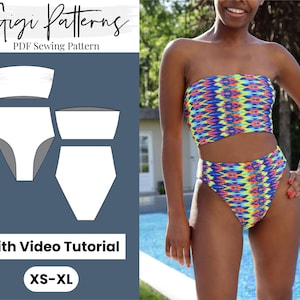 Naaipatroon badkleding dames | Bikinipatroon bandeautop | Hoog uitgesneden | Bikinibroekje met hoge taille | Badkledingpatroon | Badpakpatroon pdf