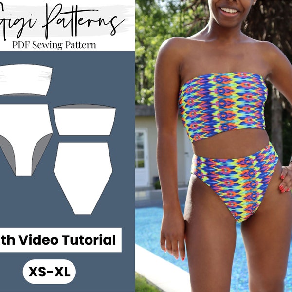 Patrón de costura de trajes de baño para mujer / Patrón de bikini top bandeau / Corte alto / Parte inferior de bikini de cintura alta / Patrón de trajes de baño / Patrón de traje de baño Pdf