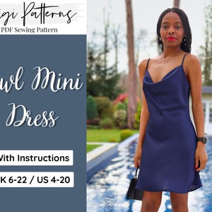 Silk Cowl Slip Dress Pattern | Easy Dress Pattern | Dress Sewing Pattern Pdf | Backless Dress | Printable Sewing Pattern | Slip Mini Dress