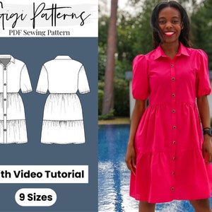 Tiered Shirt Dress Sewing Pattern | Button Front Shirt Dress Pattern | Short Sleeve Blouse Dress | Shirt Dress | Plus Size, Petite-Tall