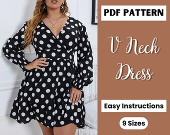 Deep V Neck Dress Sewing Pattern | Flowy Dress Sewing Pattern | Modest Dress Pattern | Trendy dress pattern | Downloadable Dress Pattern