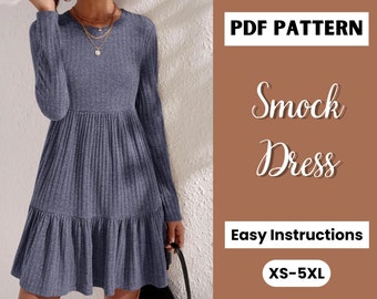 Long Sleeve Smock Dress Sewing Pattern | Jersey Dress Pattern | Womens Dress Sewing Pattern Pdf | Knit Dress Sewing Pattern Women | XS-5XL