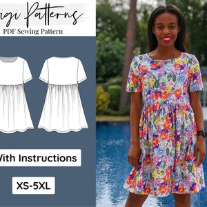 Short Sleeve Gathered Smock Dress Sewing Pattern | Womens Dress Sewing Pattern Pdf | Smock Dress Sewing | Instant Download Pattern | XS-5XL