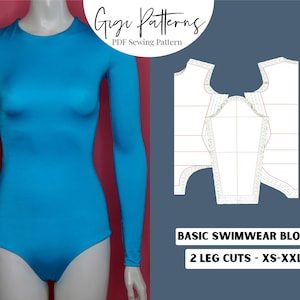 Op de afbeelding: Een PDF-naai-patroon voor een basis zwempakblok met twee beenuitsnijdingen. Het patroon is verkrijgbaar in de maten XS-XXL. De afbeelding toont een blauw zwempak op een mannequin.