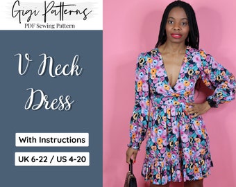 V Neck Dress Sewing Pattern | Flowy Dress Sewing Pattern | Flare Summer Dress Pattern | Fairy Dress Pattern | Patron De Couture | Plus Size
