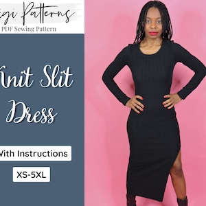 Long Side Slit Dress Sewing Pattern | Womens Dress Sewing Pattern Pdf | Long Sleeve Dress Pattern | Knit Dress Sewing Pattern Women | XS-5XL
