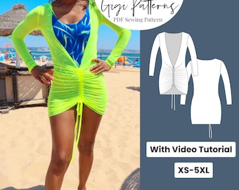 Long Sleeve Swimsuit Coverup Sewing Pattern: Ruched Beach Dress (XS-5XL) (Instant Download)