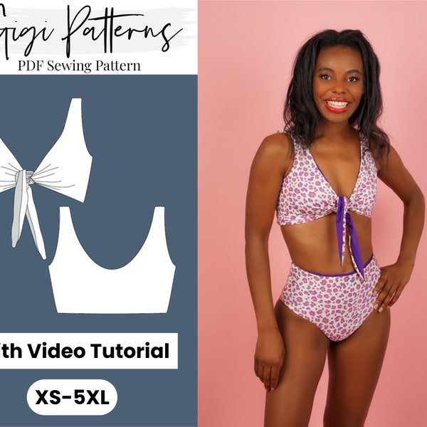 Pdf Bikini Top Sewing Pattern | PDF Swimsuit Pattern | Diy Reversible Swimsuit Crop Top | Bikini Pattern | Sizes XS-5XL | Tie Top Swimsuit