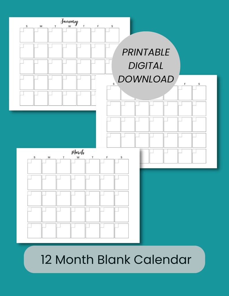 12 Month Blank Minimal Calendar Printable Blank Monthly - Etsy