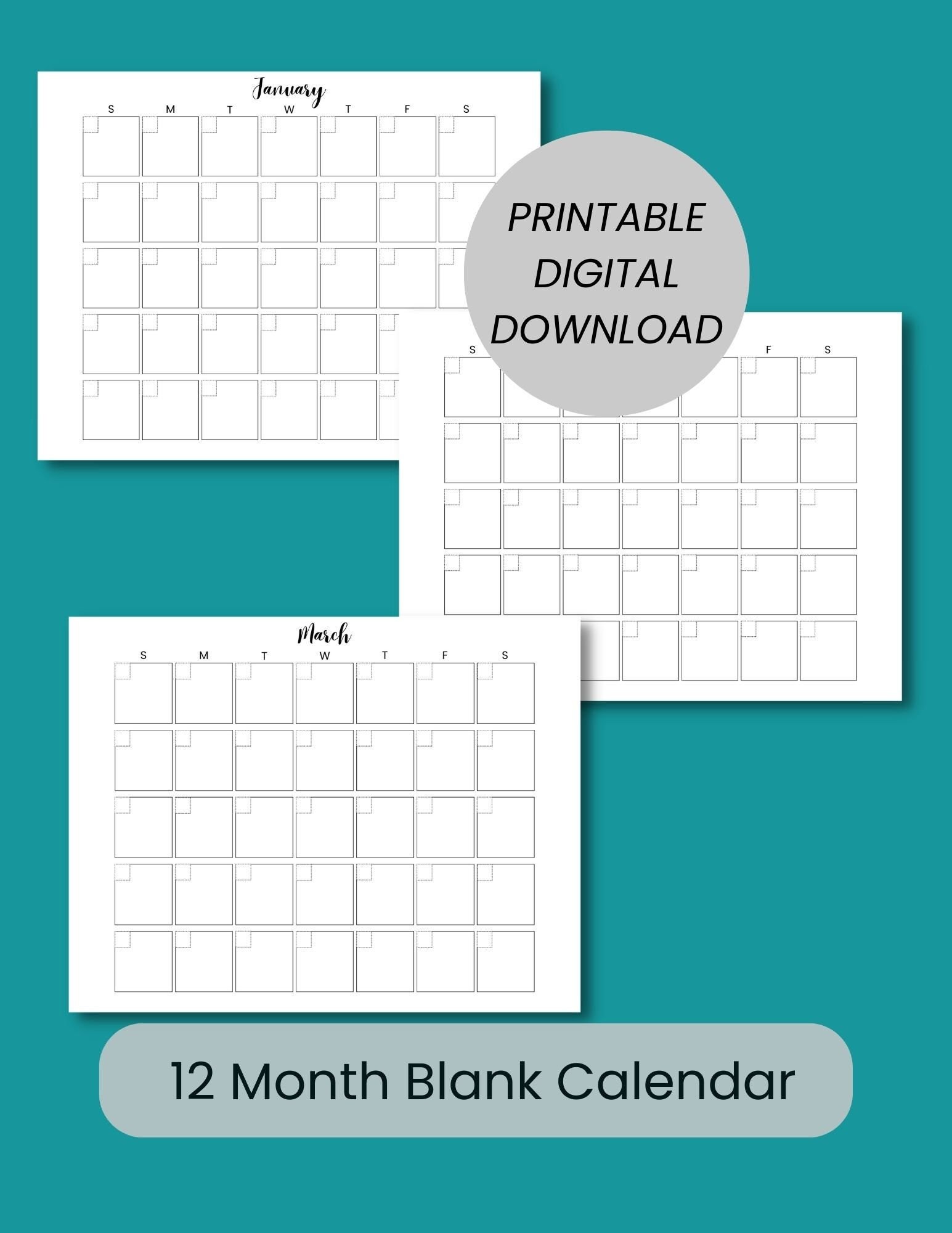12 Month Blank Minimal Calendar Printable Blank Monthly - Etsy