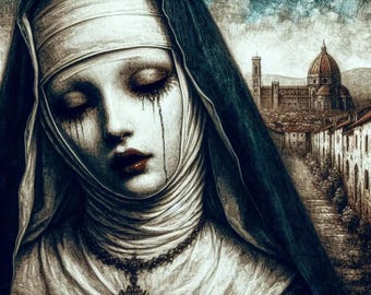 Arte original de monja, descarga instantánea, arte mural renacentista, gótico medieval, galería Moody, terror macabro vintage espeluznante (descarga digital)