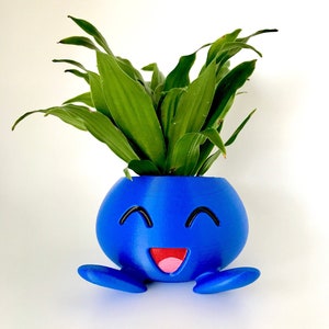 May include: A blue, smiling planter pot with a cartoon face, holding a green plant. The pot has a round shape with two small feet. The plant has long, green leaves. The pot is approximately 4 inches tall.