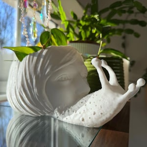 May include: A white ceramic planter shaped like a snail with a woman's face. The snail's body has a textured surface and is positioned on a reflective surface. Green plants are visible in the background.