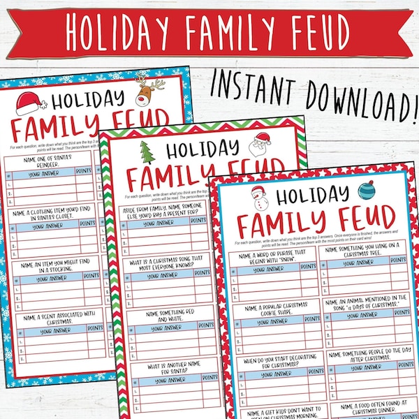 Christmas Family Feud Game | 24 Questions and Lightning Round | Printable | Christmas Family Games | Christmas Party Games | Holiday Games