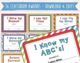 Classroom Award Certificates | Instant Download, Edit and Print | Preschool Awards | Kindergarten Awards | Student Certificates