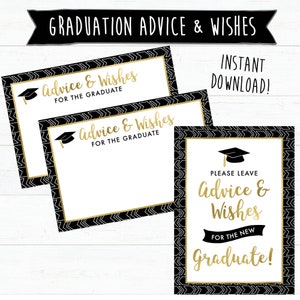 Tarjetas de deseos y consejos para graduados con letrero a juego - Imprimible - Negro y dorado - Decoraciones de fiesta de graduación - Recuerdos de graduación