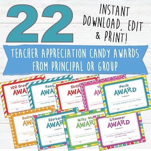 Candy Bar Award Certificates for Teachers | Teacher Appreciation Gifts | Download, Edit and Print | Candy Awards | PTA Gifts