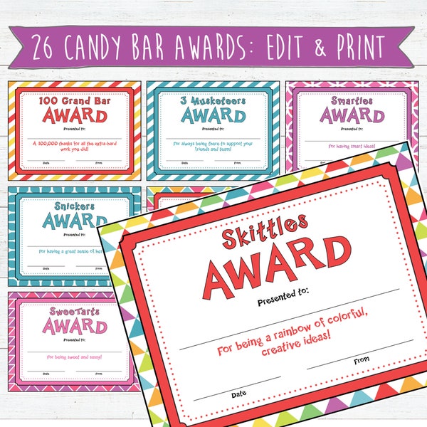 Candy Bar Award Certificates | Download, Edit and Print | Candy Awards | Classroom Awards | Student Certificates