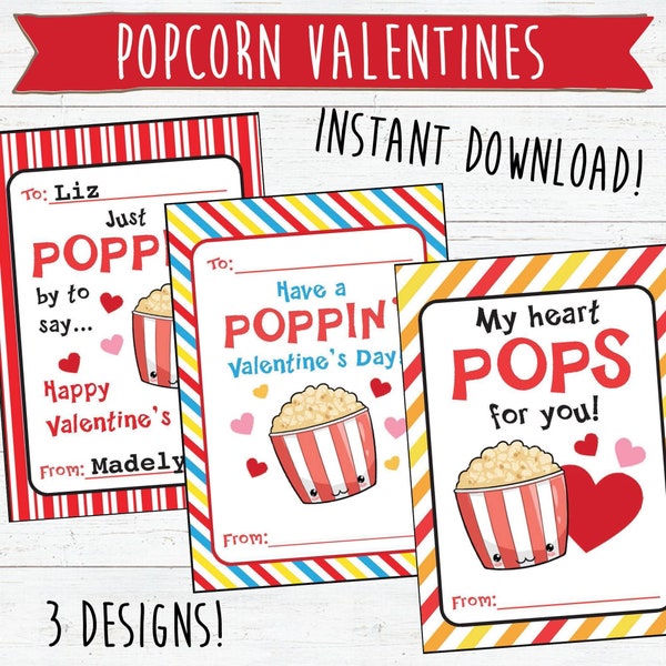Popcorn Valentine's Day Cards, Printable Valentines, Popcorn Tag, Valentine's Day Card for Kids, Classroom Valentines, Fast Valentine