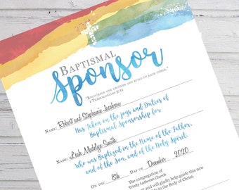 Baptismal Sponsor Certificate  | Rainbow | Instant Download | Edit and Print | Church Certificate | Religious Printables | Godparents