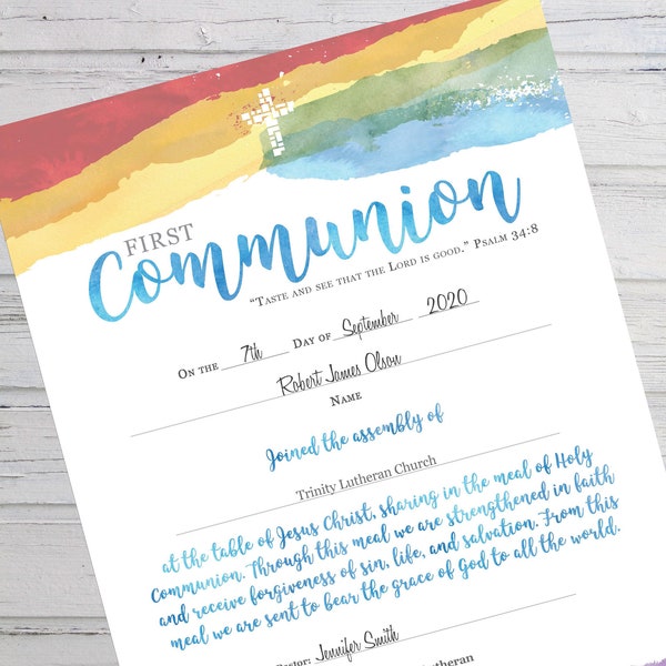 First Communion Certificate  | Rainbow | Instant Download | Edit and Print | Church Certificate | Religious Printables