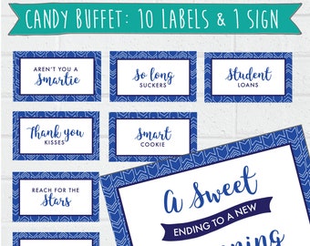 Graduation Candy Buffet Labels and Sign - Printable - Blue, Navy and White - Grad Party Decor