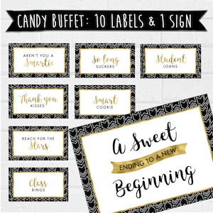 Graduation Candy Buffet Labels and Sign |  Black and Gold Graduation Decor | Printable