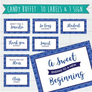 Graduation Candy Buffet Labels and Sign - Printable - Blue, Navy and White - Grad Party Decor