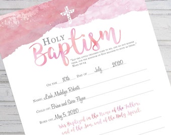 Pink Baptism Certificate  | Instant Download | Edit and Print | Church Certificate | Religious Printables | Christening
