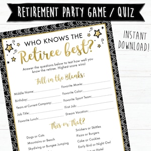 Jeux de fête de retraite imprimables | Qui connaît le meilleur jeu des retraités | Quiz sur la retraite | Quiz sur la retraite | Téléchargement instantané | Imprimable