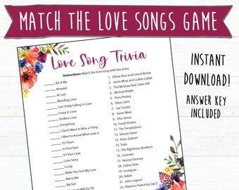 Love Songs Matching Game | Instant Download | Love Song Trivia | Bridal Shower Games | Bachelorette Party Games | Music Trivia