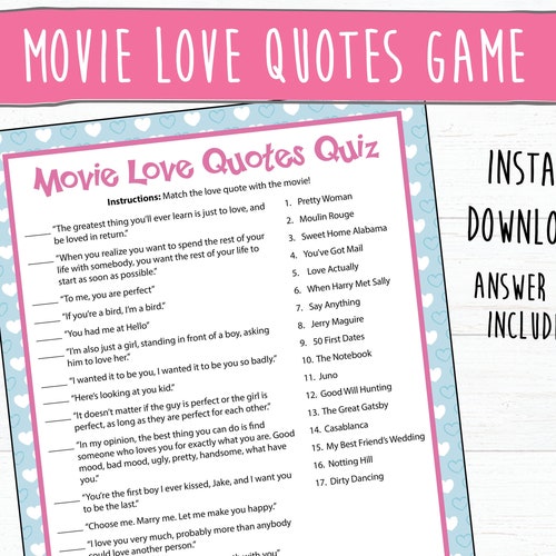 Movie Love Quotes Trivia Game Instant Download Romantic | Etsy