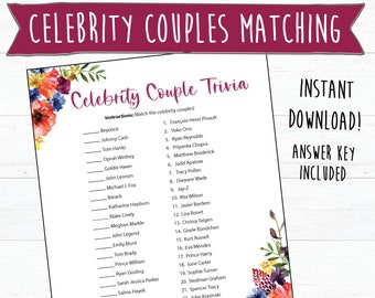 Celebrity Couples Matching Game | Instant Download | Celebrity Trivia | Bridal Shower Games | Bachelorette Party | Wedding Games