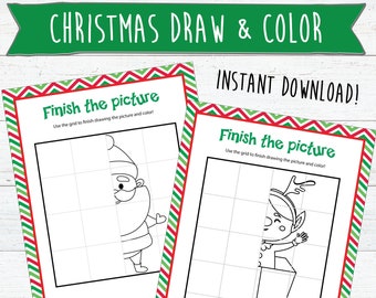 May include: Two printable Christmas-themed coloring pages. The first page features a black and white outline of Santa Claus. The second page features a black and white outline of an elf. Both pages have a grid to help with drawing.