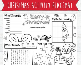 Kids Coloring Christmas Placemat | Christmas Activity Coloring Page | Kids Christmas Puzzles | Custom Kids Placemat | Santa Coloring Page