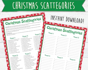 Op de afbeelding: Een printbaar kerstspel genaamd "Christmas Scattegories" met rode en groene sneeuwvlokken op een rode achtergrond. Het spel bevat zes rondes met elk 12 categorieën. Het spel is ontworpen om spelers antwoorden te laten opschrijven die beginnen met een specifieke letter voor elke categorie.