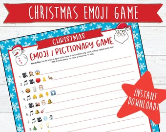 Puede incluir: Un juego de emojis de Navidad imprimible con fondo blanco y copos de nieve azules. Las instrucciones del juego son "Usa los emojis para averiguar el nombre de la canción, película o cosa de Navidad. ¡Los puntos más altos ganan!" El juego incluye 12 líneas con emojis y espacios en blanco para escribir las respuestas.