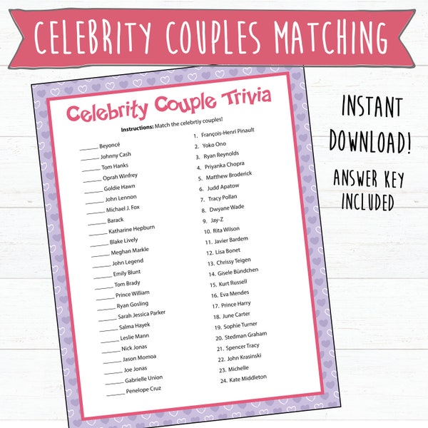 Celebrity Couples Matching Game | Instant Download | Famous Couples | Valentine's Games | Bridal Shower Games | Printable Party Games