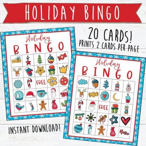 20 Christmas Bingo Printable Cards Holiday Bingo Cards Instant Download and Print Christmas Games Holiday Games Classroom Games image 1