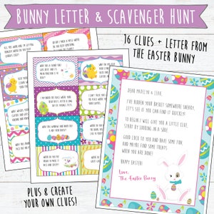 Easter Scavenger Hunt and Letter from Easter Bunny with Names | 16 Clues | 8 Editable Clue Cards | Instant Download and Print | Easter Games