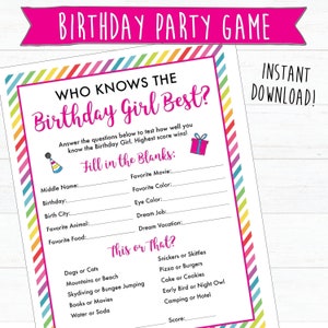 Birthday Party Games Printable | Who Knows The Birthday Girl Best Game | Birthday Quiz | Birthday Girl Trivia | Instant Download | Printable