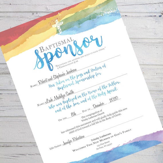 Baptismal Sponsor Certificate Rainbow Instant Download Etsy