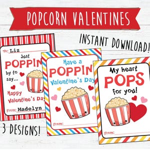 Popcorn Valentine&#39;s Day Cards, Printable Valentines, Popcorn Tag, Valentine&#39;s Day Card for Kids, Classroom Valentines, Fast Valentine