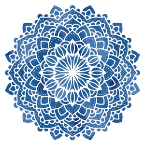 May include: A blue watercolor mandala with intricate white patterns. The mandala is circular and has a symmetrical design.