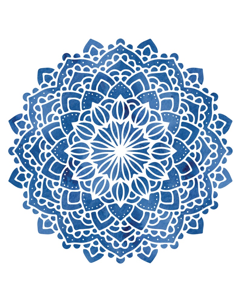 May include: A blue watercolor mandala with intricate white patterns. The mandala is circular and has a symmetrical design.