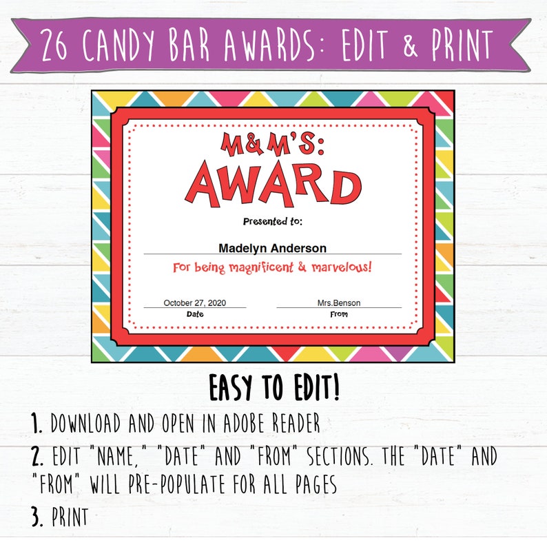 Candy Bar Award Certificates Download Edit And Print Etsy