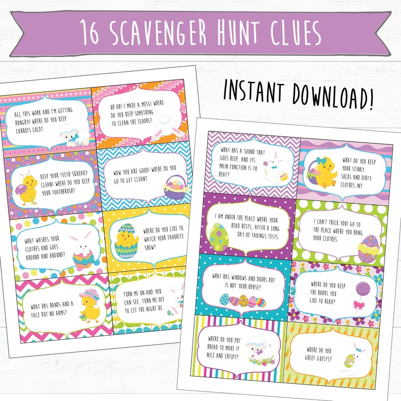 May include: A set of 16 printable Easter scavenger hunt clue cards featuring colorful illustrations of bunnies, chicks, and eggs. The cards have a pink, yellow, blue, and green color scheme with a chevron and polka dot pattern. The cards include clues like "What washes your clothes and goes around and around?" and "Where do you keep your stinky socks and dirty clothes in?"