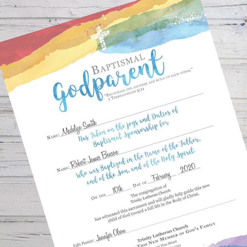 Baptism Godparent Certificate Printable Rainbow Instant Download Church