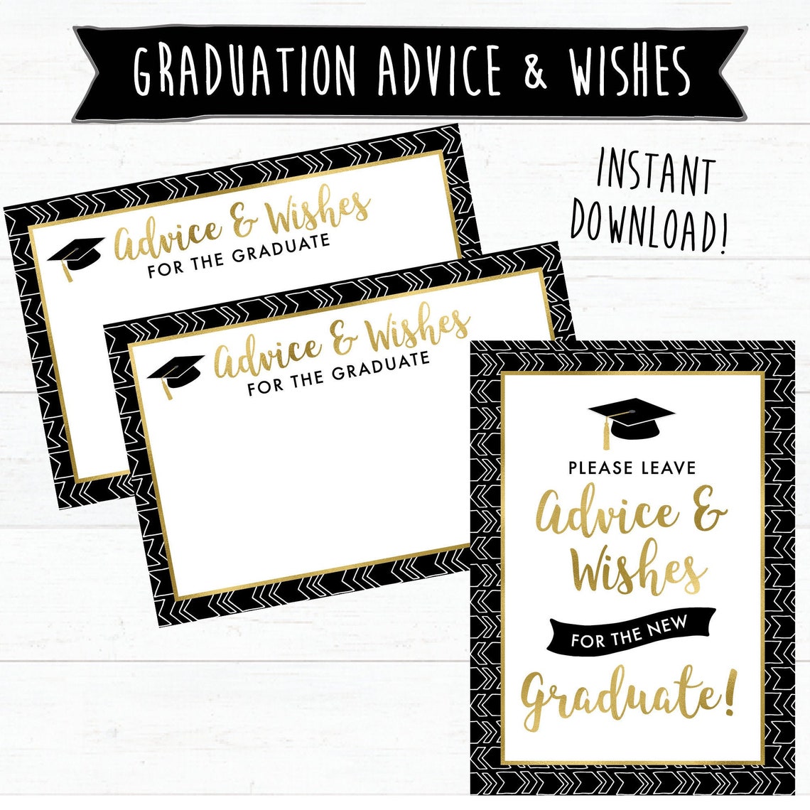 Graduate Advice and Wishes Cards With Matching Sign - Printable - Black ...